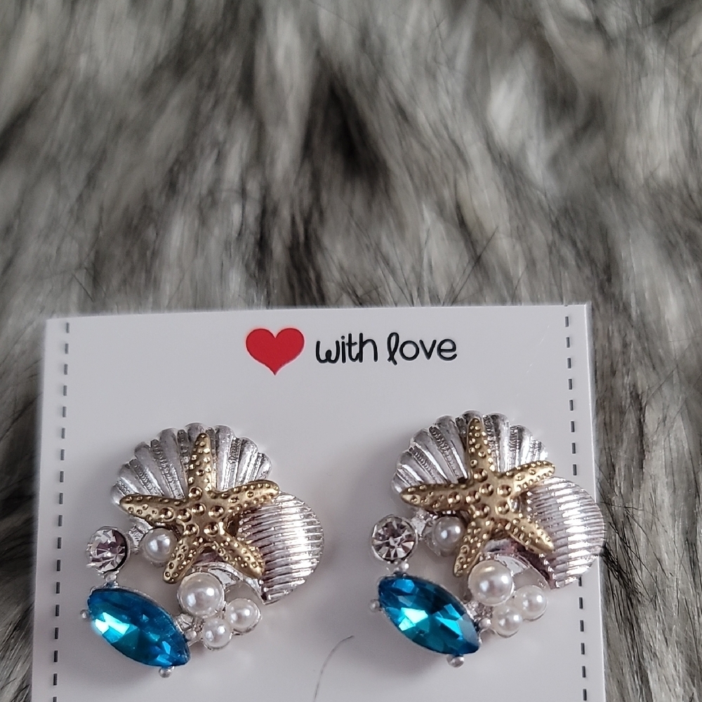 Starfish Shell Earrings with Blue and Gold Accents - Picture 5 of 5